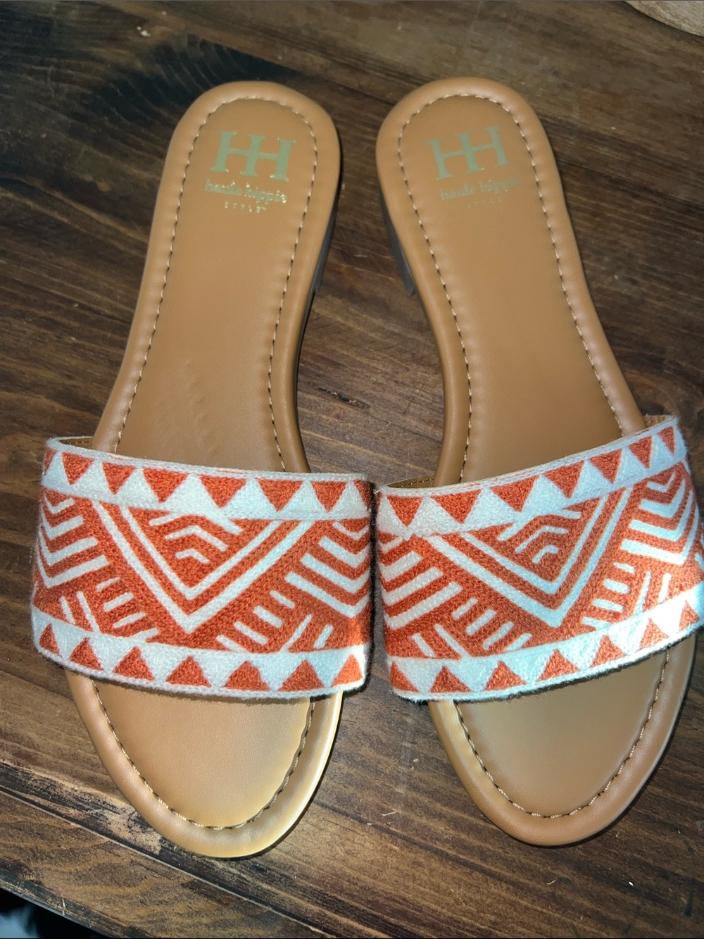 Haute Hippie Tan Slide Sandals with Orange and White Geometric Strap Size 10!